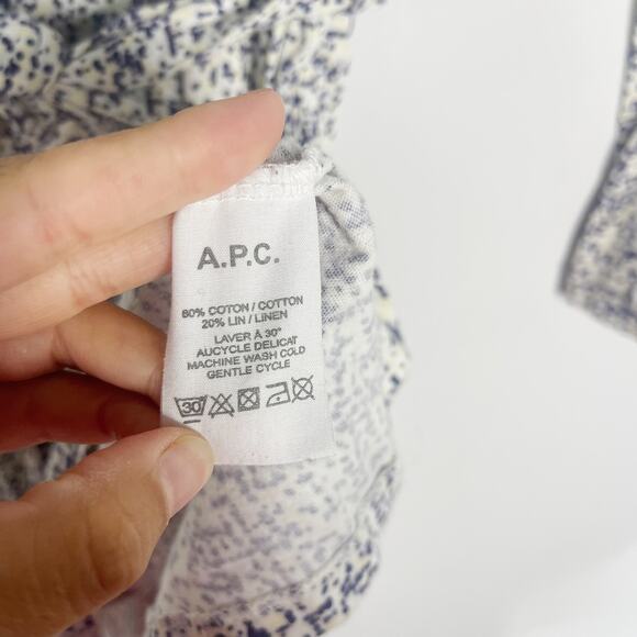 APC Womens XS White Blue Cream Printed Tie Waist Cotton Linen Dress Long Sleeve - Picture 10 of 11